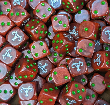 Pile of red rat rune 16mm D6 dice for a fantasy ratfolk swarm