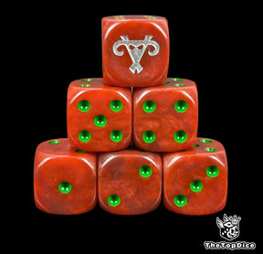 Red 16mm D6 dice with a silver rat rune emblem and green pips for fantasy wargaming