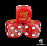 Close-up of three red 16mm grimdark D6 dice engraved with a gold looping dragon emblem