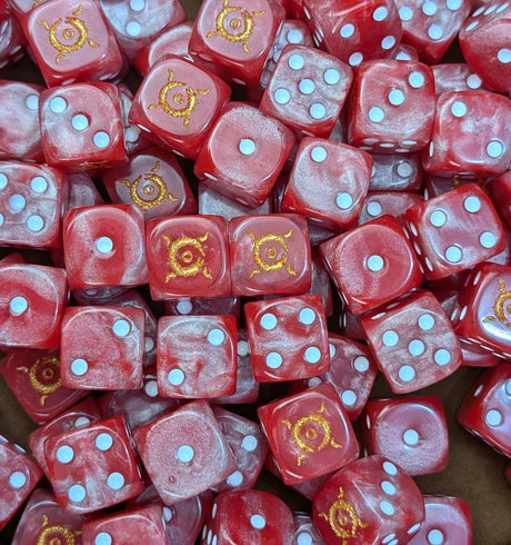 Full tray of red Crimson Warp Scholars D6 dice for tabletop wargaming and RPGs