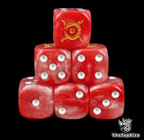 Red 16mm resin D6 dice with gold looping dragon emblem and white pips, hand painted for sci-fi sorcerer legions and tabletop wargaming