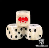 Three white Flesh-eater Courts dice with a red winged vampire skull