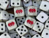A pile of pearl white ghoul D6 with black pips and red winged skulls