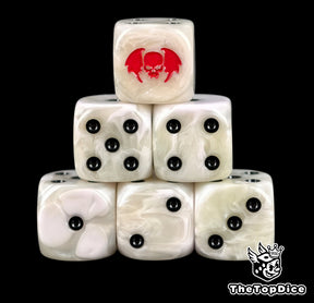 Six pearl white ghoul D6 stacked, black pips and a red vampire skull