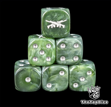 Green resin D6 dice with crossed rifles and silver pips