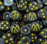 A pile of black Scythes of the Emperor dice, yellow crossed scythes and yellow pips repeating