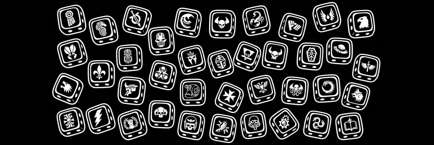 Pattern of forty custom 16mm resin D6 dice designs for tabletop wargames and RPGs