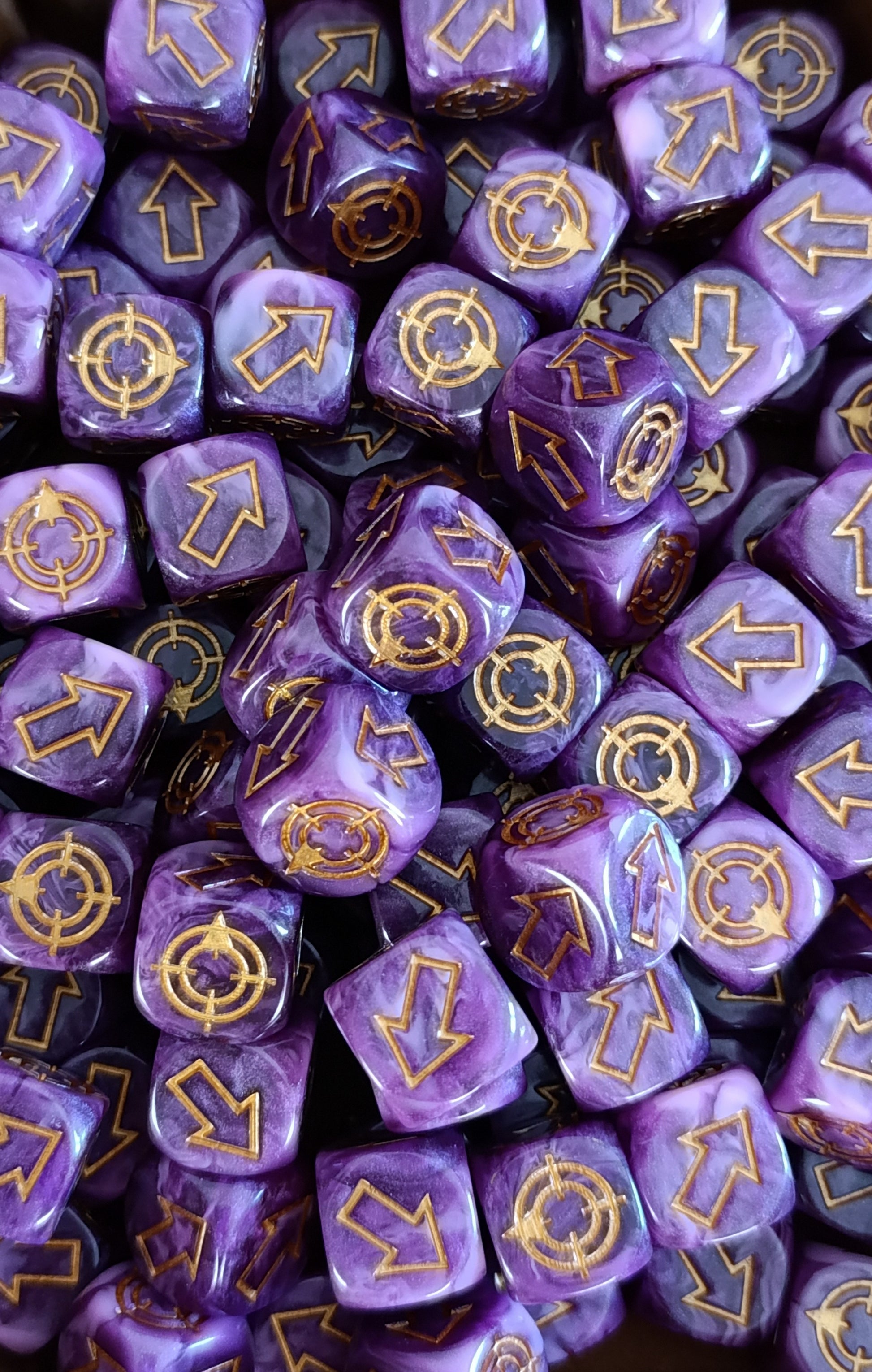 Handcrafted purple & gold scatter dice for wargames