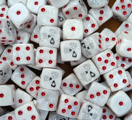 Pile of white cyber skull 16mm D6 dice for a sci-fi drone army
