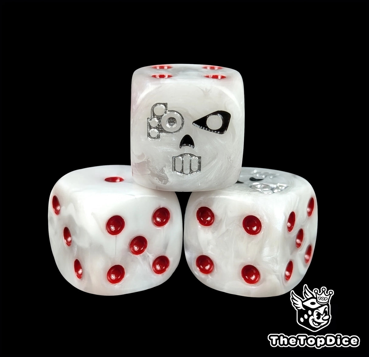 Close up of a white 16mm resin D6 die engraved with a wired cyber skull and red pips