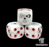 Close up of a white 16mm resin D6 die engraved with a wired cyber skull and red pips