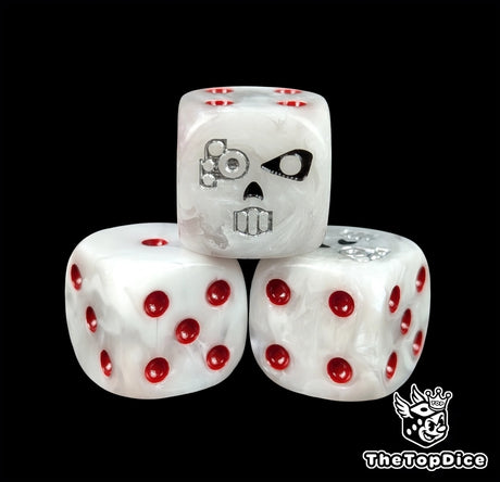 Close up of a white 16mm resin D6 die engraved with a wired cyber skull and red pips