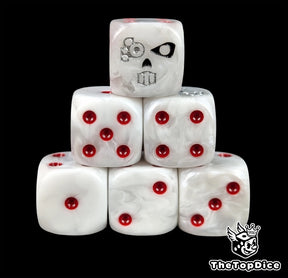 White 16mm D6 dice with a cyber skull emblem and red pips for sci-fi wargaming