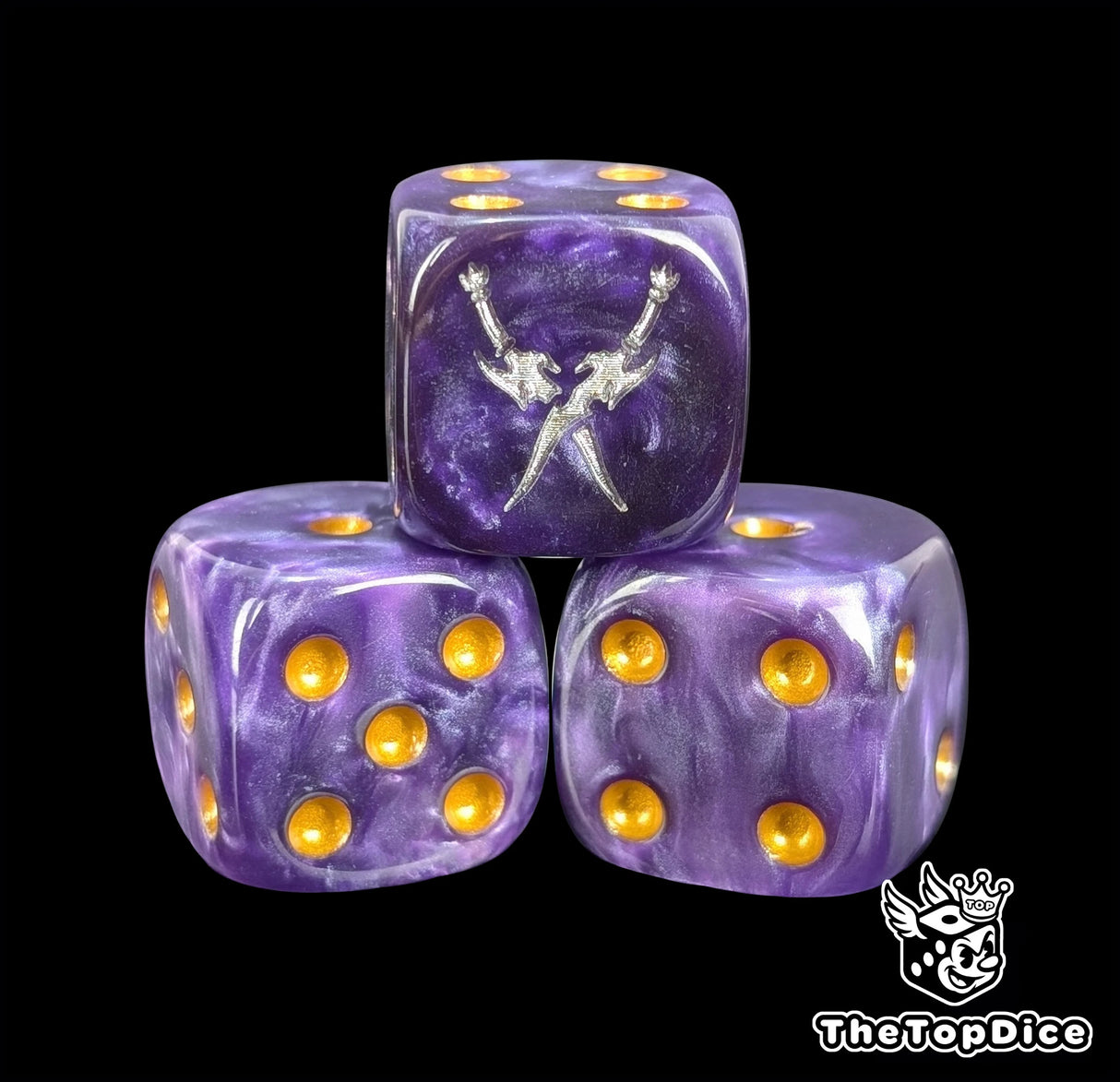 Close-up of a purple D6 die with two crossed silver daggers