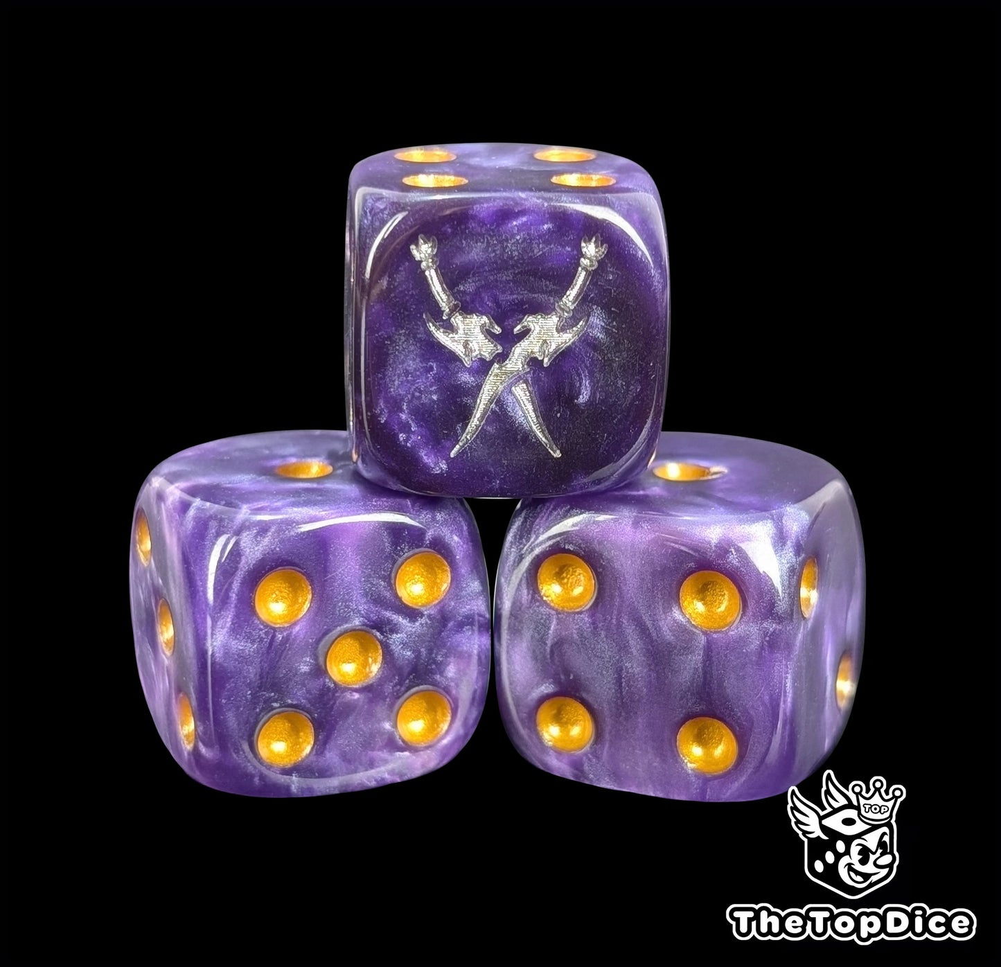 Close-up of a purple D6 die with two crossed silver daggers