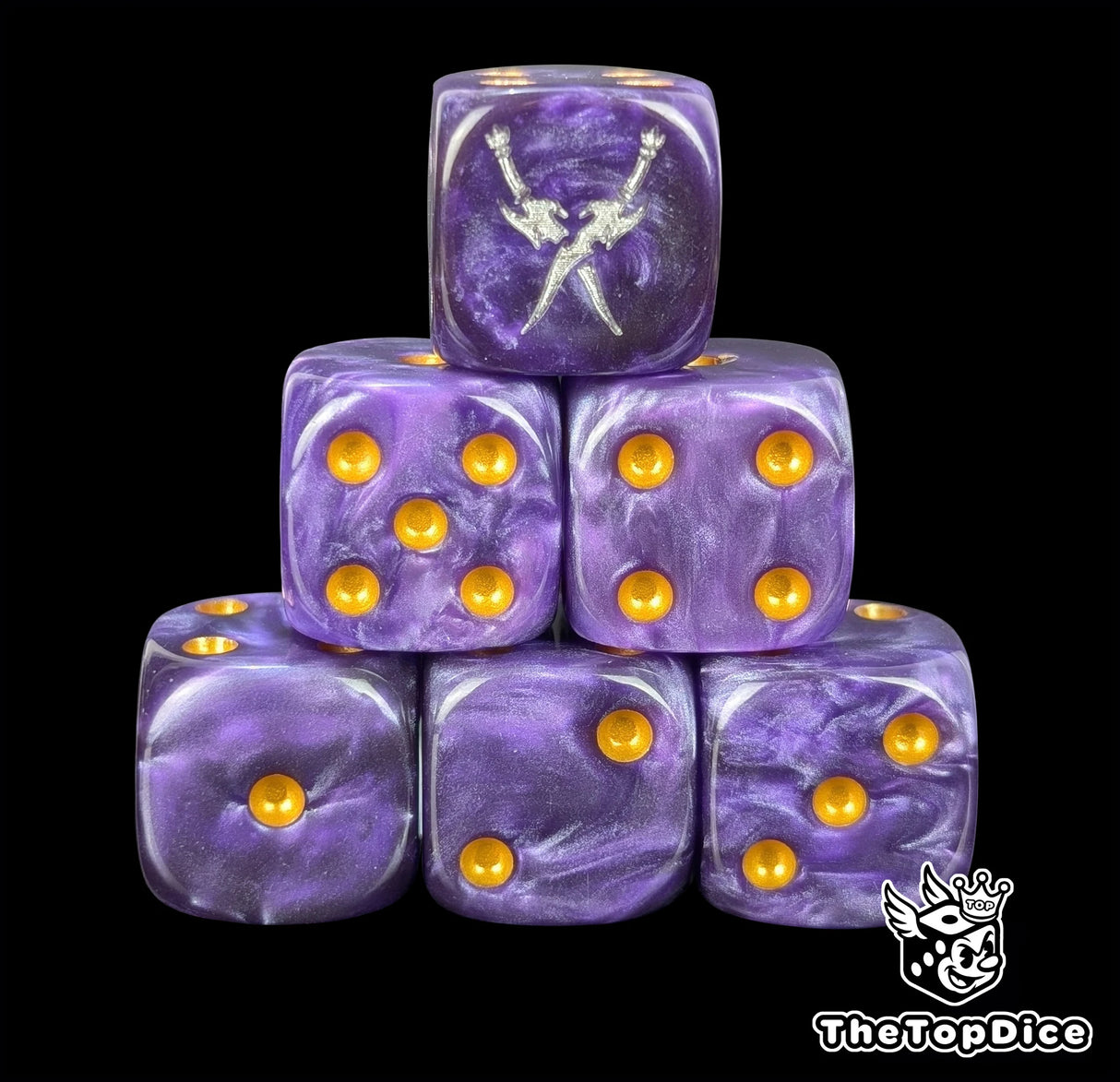Purple resin D6 dice with crossed silver daggers and gold pips