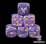 Purple resin D6 dice with crossed silver daggers and gold pips