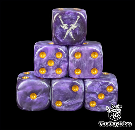 Purple resin D6 dice with crossed silver daggers and gold pips