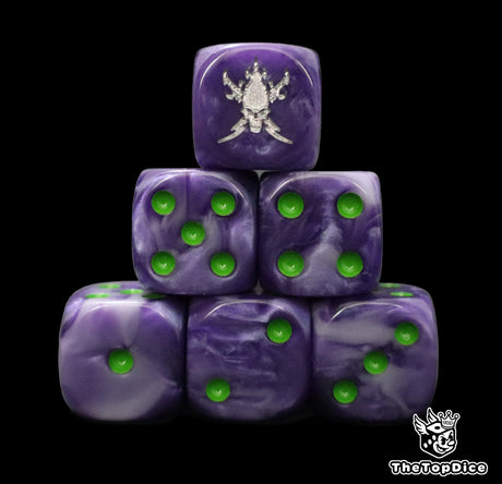 Close up of two purple D6 with a silver elf rune logo on the six face for fantasy football