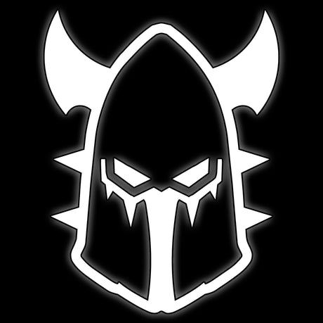 Horned spiked helm mask with slit eyes, white on black, tile for dark elf raider 16mm dice