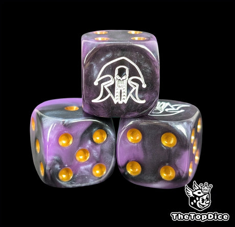Close-up of a purple D6 die with a white jester silhouette