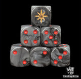 Close up of two black D6 with a gold eight pointed star logo on the six face for fantasy football