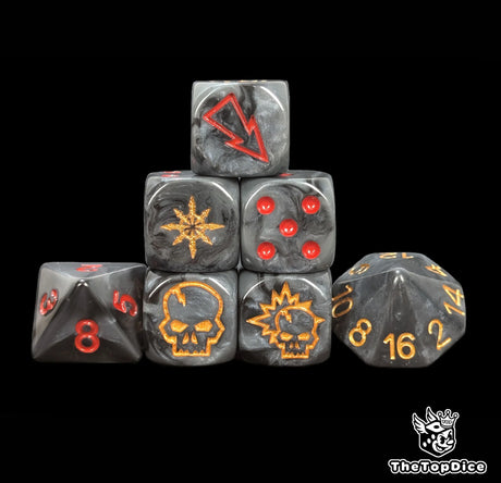 Black and grey chaos fantasy football dice set of seven 16mm resin dice compatible with Blood Bowl