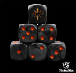Black 16mm D6 dice with a gold star emblem and red pips for sci-fi wargaming