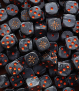 Pile of black 16mm D6 dice with gold stars for a sci-fi chaos army
