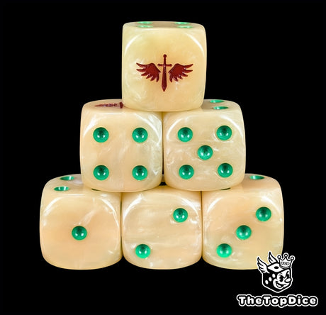 Bone white 16mm resin D6 dice with a sword emblem for sci-fi wargaming