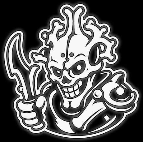 Grinning skeletal warrior with a curved blade in white on black, tile for Death Alliance undead 16mm dice