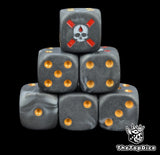Blood Angels Death Company dice, marbled grey 16mm resin D6 with gold pips and a white skull on a red cross, stacked in a pyramid