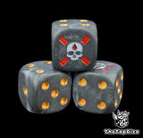 Close up of the white skull with a blood drop over a red cross engraved on a grey Death Company 16mm D6