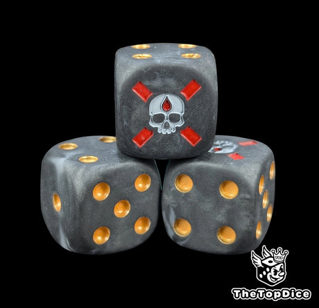 Close up of the white skull with a blood drop over a red cross engraved on a grey Death Company 16mm D6