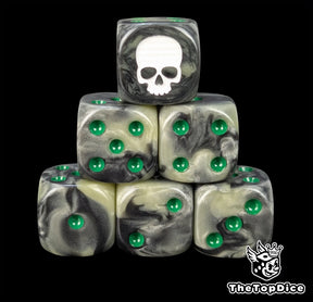 Camo beige and black resin D6 dice with a white skull emblem and green pips
