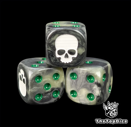 Close-up of a camo D6 die with a white skull emblem