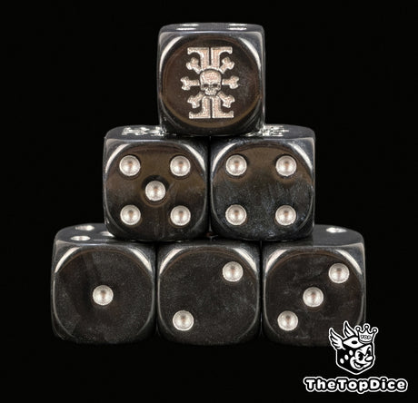 Black 16mm resin D6 dice with silver pips and a silver Deathwatch skull stacked in a pyramid