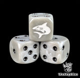 Close-up of a grey D6 die with a white shark emblem and black pips