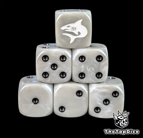 Grey resin D6 dice with a white shark emblem and black pips