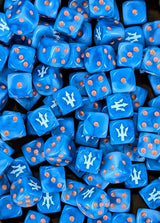 Pile of blue trident 16mm D6 dice for a fantasy sea elf army