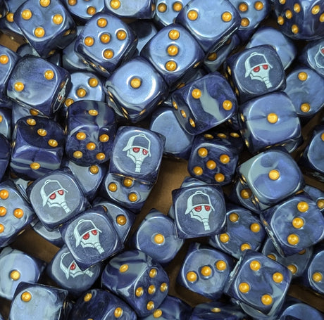 Pile of navy blue and grey trench 16mm D6 dice for a sci-fi siege army