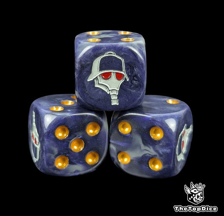 Close up of a navy blue 16mm resin D6 die engraved with a gas mask helmet with red eyes and gold pips