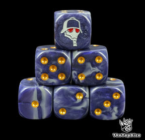 Navy blue and grey 16mm D6 dice with a gas mask helmet emblem and gold pips for sci-fi wargaming