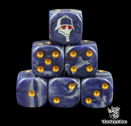 Navy blue and grey 16mm D6 dice with a gas mask helmet emblem and gold pips for sci-fi wargaming