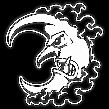 Leering crescent moon face in white on black, emblem tile for Destruction Alliance orc and goblin 16mm dice