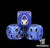 Close up of the white crested aspect warrior helm engraved and hand filled on a blue Dire Avengers 16mm D6 die