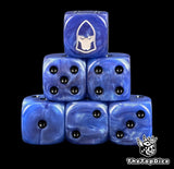 Dire Avengers dice, blue 16mm resin D6 with black pips and a white aspect warrior helm, six dice stacked in a pyramid