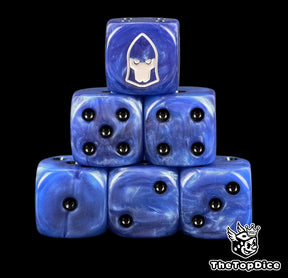 Dire Avengers dice, blue 16mm resin D6 with black pips and a white aspect warrior helm, six dice stacked in a pyramid