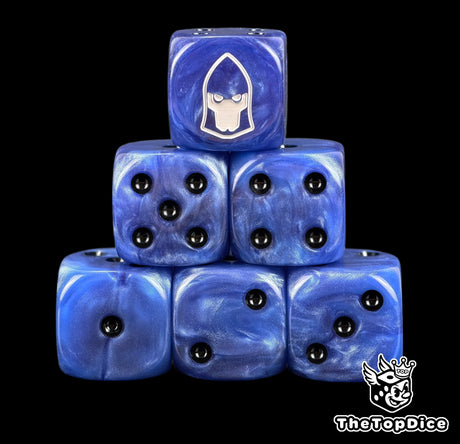 Dire Avengers dice, blue 16mm resin D6 with black pips and a white aspect warrior helm, six dice stacked in a pyramid