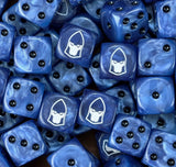 Pile of blue Dire Avengers eldar dice showing black pips and the white helm face